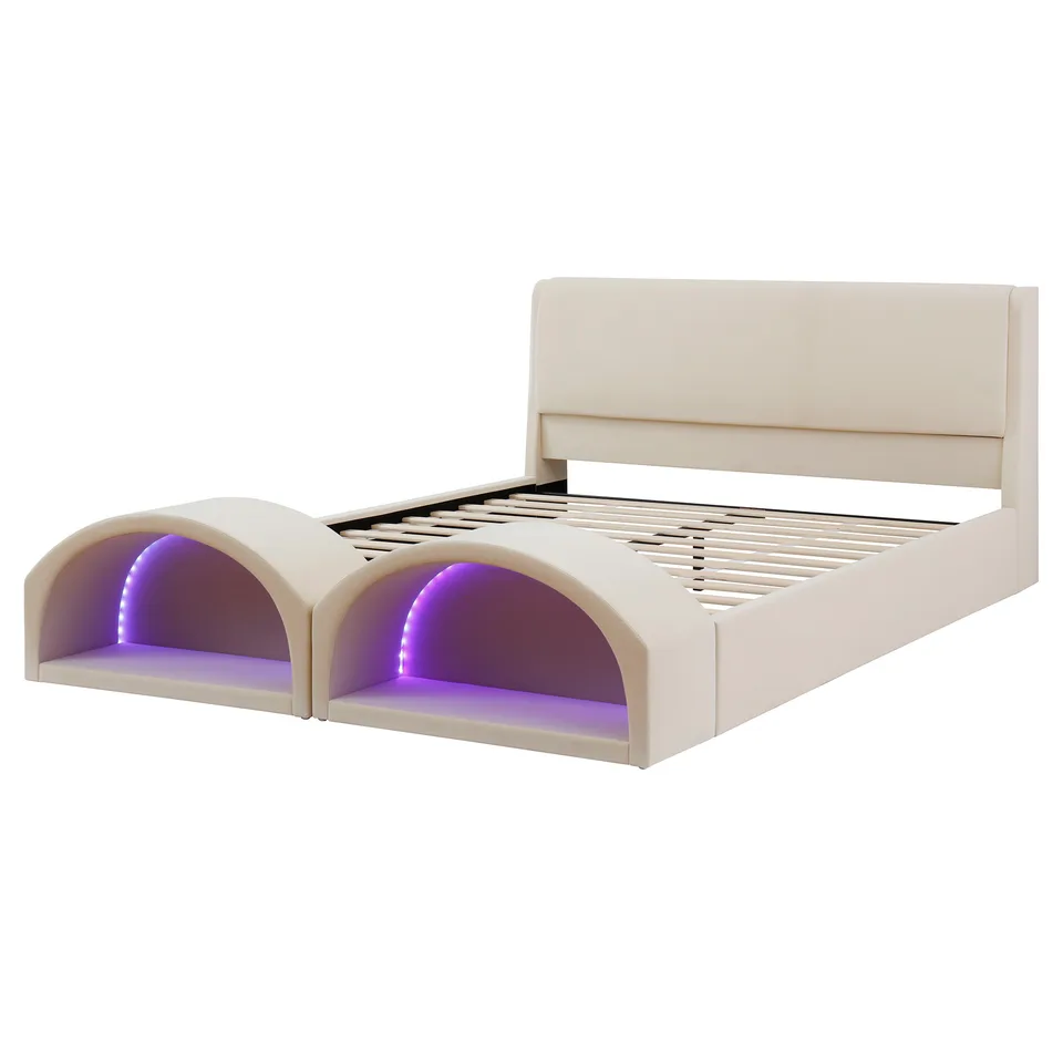 Queen Size Upholstered Platform Bed Frame with Dual Cat Caves, LED Lighted Pet Nests at Footboard, Beige view 7