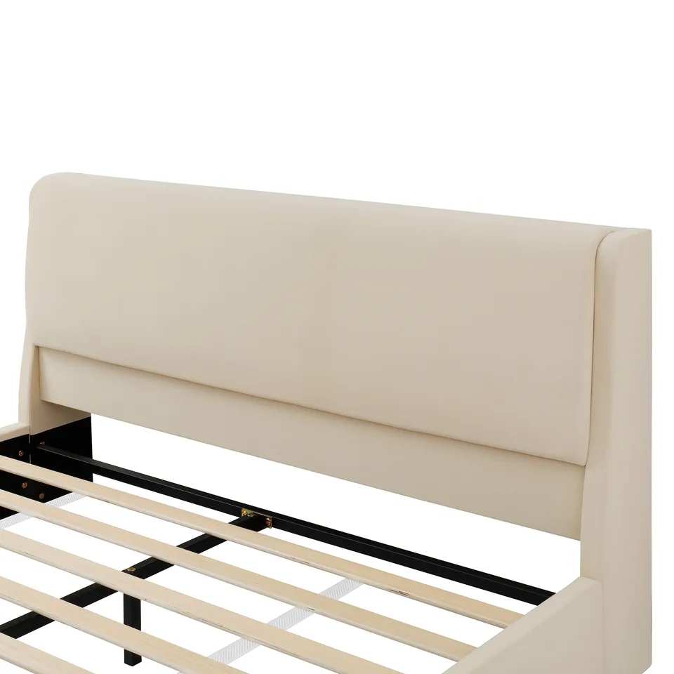 Queen Size Upholstered Platform Bed Frame with Dual Cat Caves, LED Lighted Pet Nests at Footboard, Beige view 19