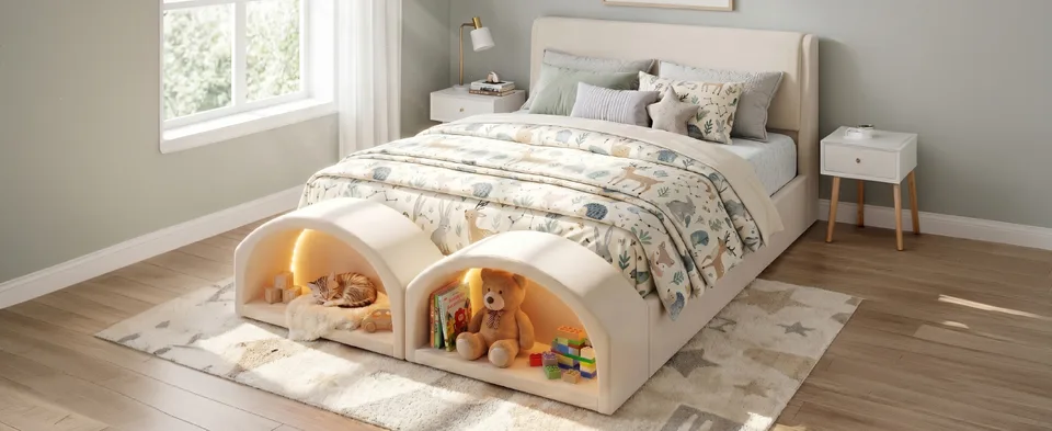 Queen Size Upholstered Platform Bed Frame with Dual Cat Caves, LED Lighted Pet Nests at Footboard, Beige view 13
