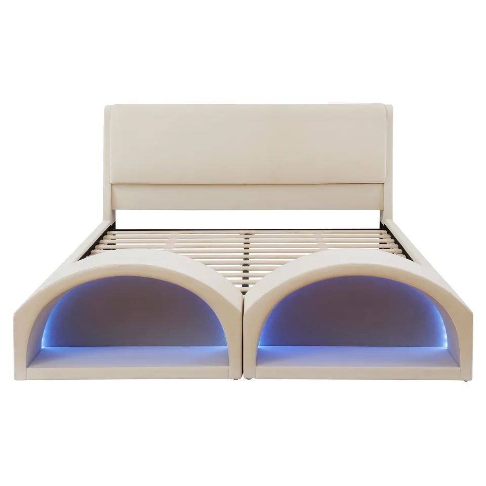 Queen Size Upholstered Platform Bed Frame with Dual Cat Caves, LED Lighted Pet Nests at Footboard, Beige view 15
