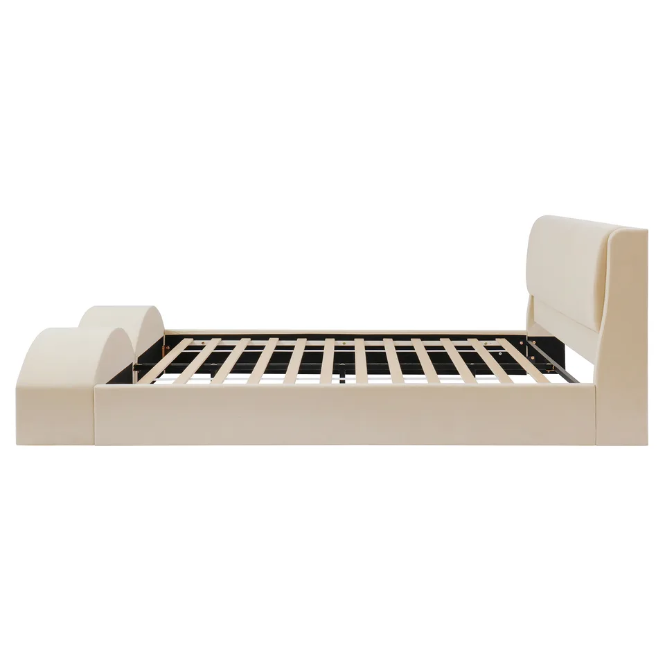 Queen Size Upholstered Platform Bed Frame with Dual Cat Caves, LED Lighted Pet Nests at Footboard, Beige view 3