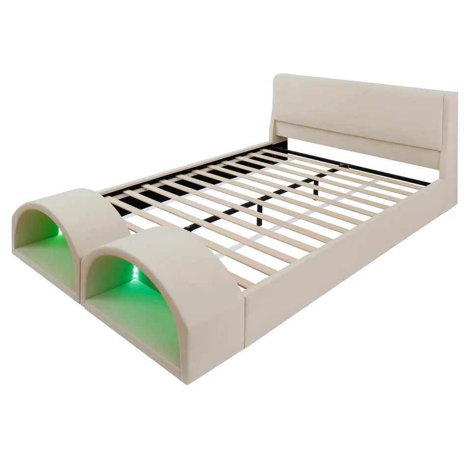 Queen Size Upholstered Platform Bed Frame with Dual Cat Caves, LED Lighted Pet Nests at Footboard, Beige view 14
