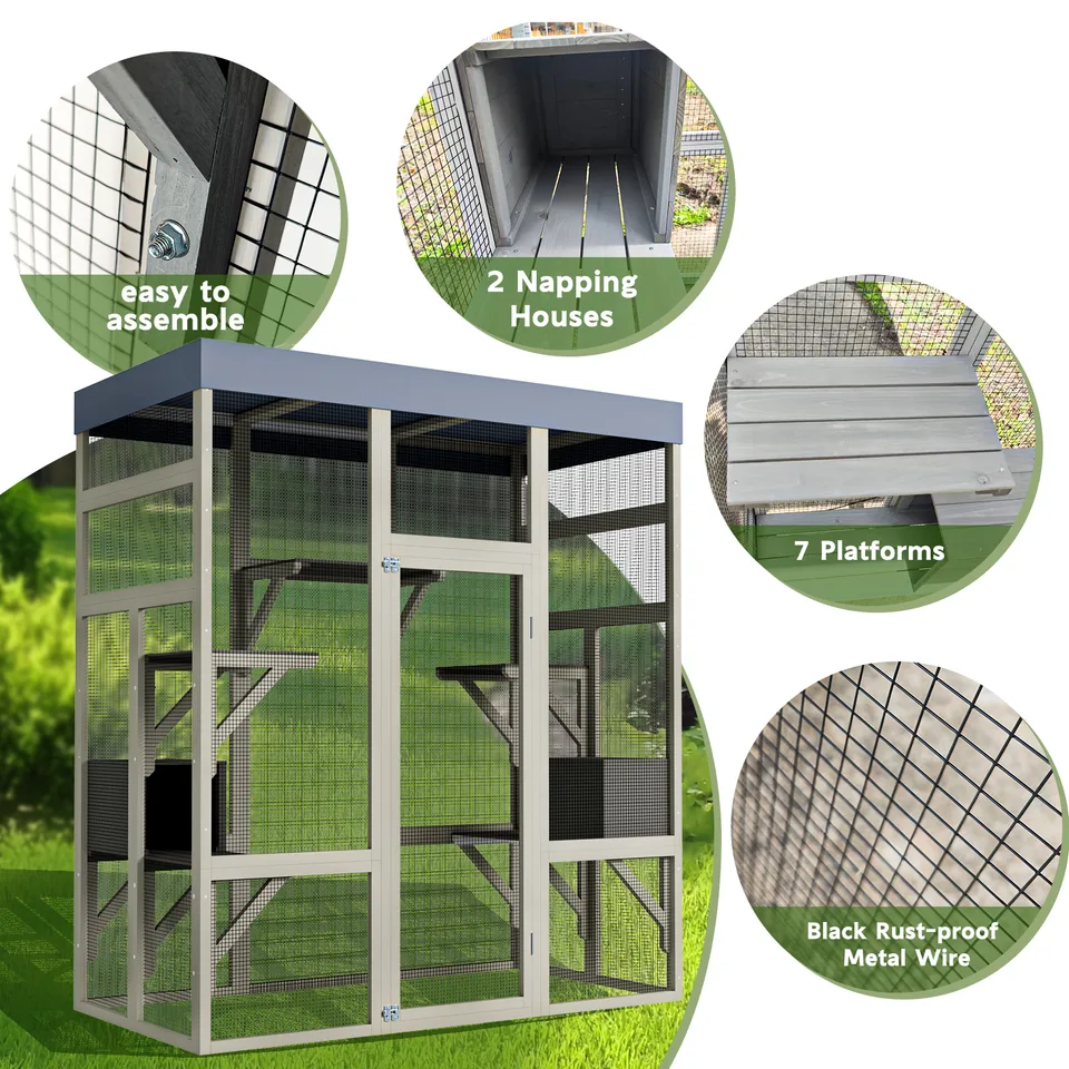 Gray Wooden Catio Pet Enclosure with Waterproof Top, Spacious and Secure Cat House & Small Animal Cage,2 Napping Boxes view 13