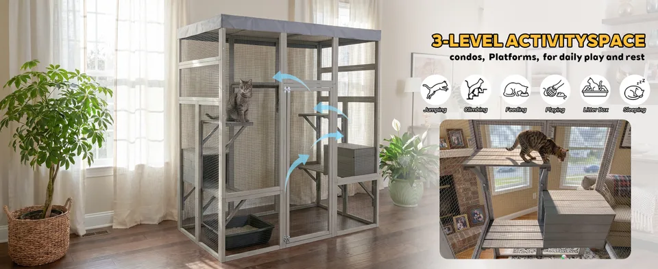Gray Wooden Catio Pet Enclosure with Waterproof Top, Spacious and Secure Cat House & Small Animal Cage,2 Napping Boxes view 12