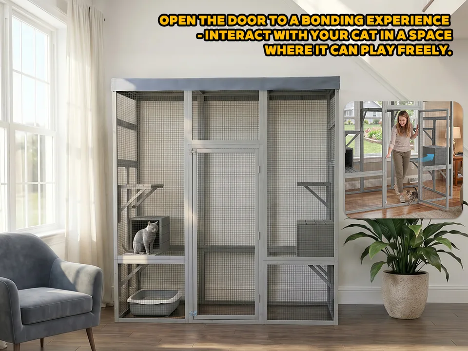 Gray Wooden Catio Pet Enclosure with Waterproof Top, Spacious and Secure Cat House & Small Animal Cage,2 Napping Boxes view 3