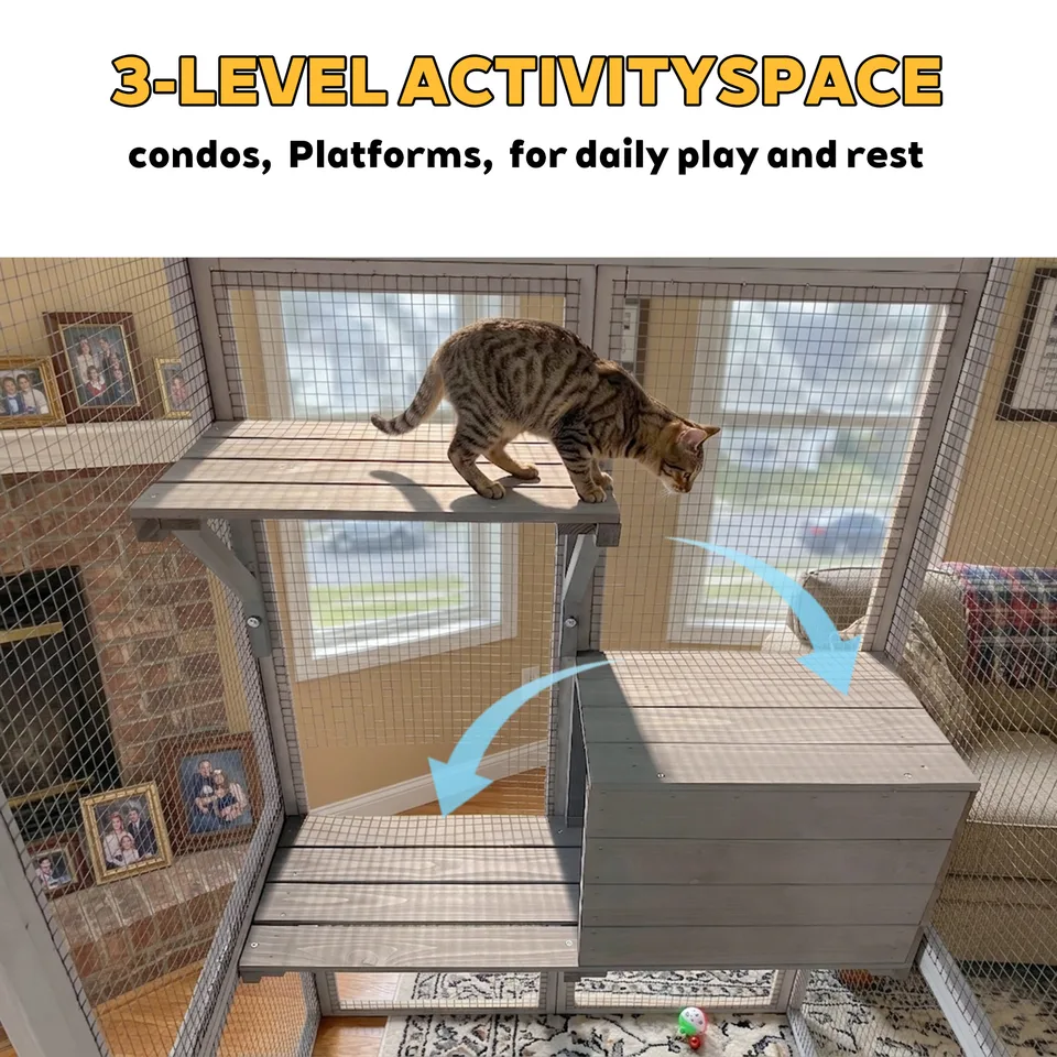 Gray Wooden Catio Pet Enclosure with Waterproof Top, Spacious and Secure Cat House & Small Animal Cage,2 Napping Boxes view 4