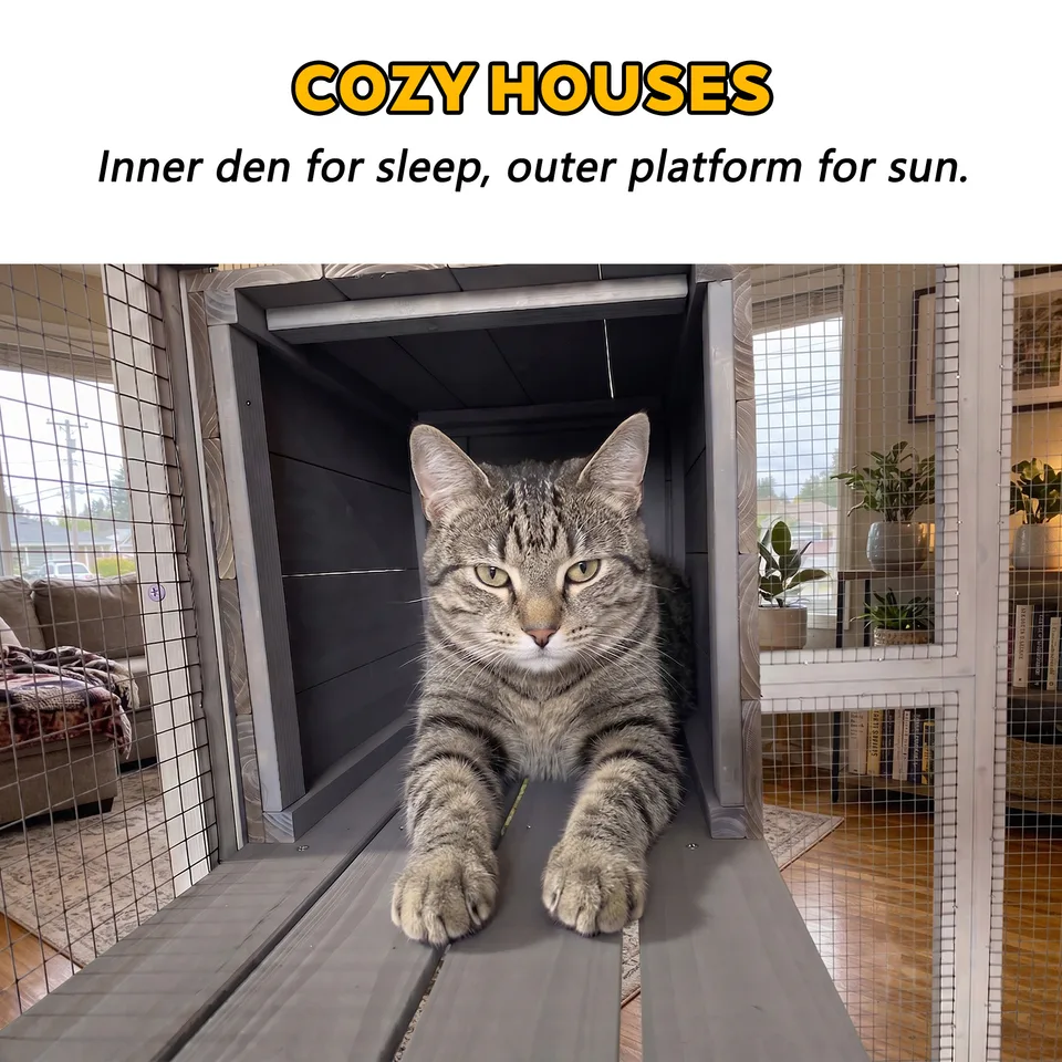 Gray Wooden Catio Pet Enclosure with Waterproof Top, Spacious and Secure Cat House & Small Animal Cage,2 Napping Boxes view 18