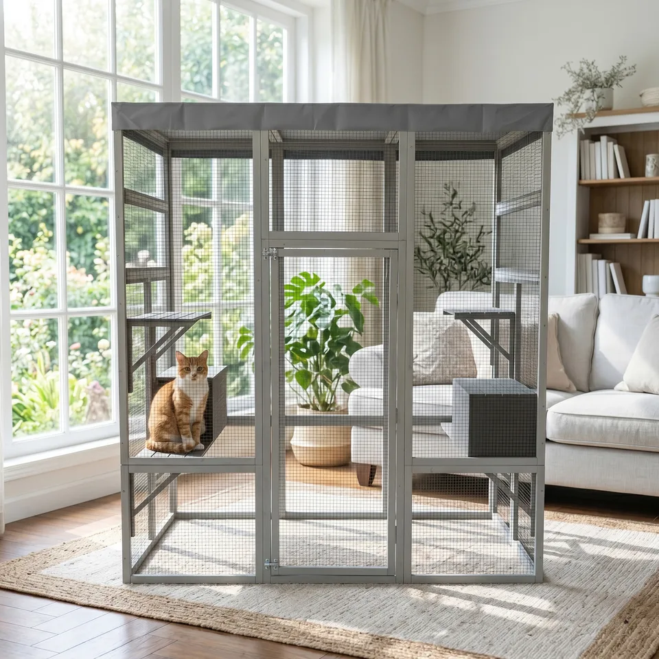 Gray Wooden Catio Pet Enclosure with Waterproof Top, Spacious and Secure Cat House & Small Animal Cage,2 Napping Boxes view 1