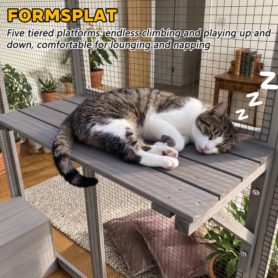 Gray Wooden Catio Pet Enclosure with Waterproof Top, Spacious and Secure Cat House & Small Animal Cage,2 Napping Boxes view 16