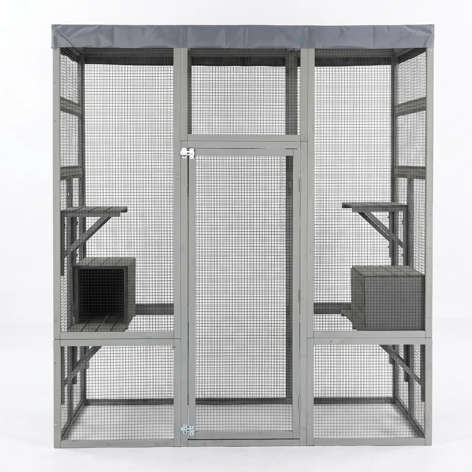 Gray Wooden Catio Pet Enclosure with Waterproof Top, Spacious and Secure Cat House & Small Animal Cage,2 Napping Boxes view 6