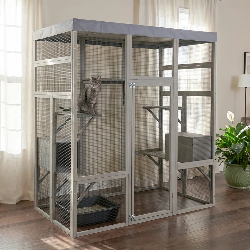 Gray Wooden Catio Pet Enclosure with Waterproof Top, Spacious and Secure Cat House & Small Animal Cage,2 Napping Boxes view 14