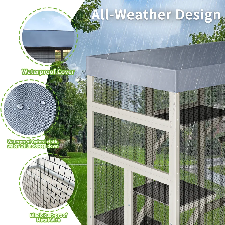 Gray Wooden Catio Pet Enclosure with Waterproof Top, Spacious and Secure Cat House & Small Animal Cage,2 Napping Boxes view 15
