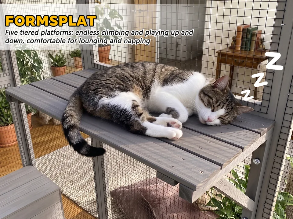 Gray Wooden Catio Pet Enclosure with Waterproof Top, Spacious and Secure Cat House & Small Animal Cage,2 Napping Boxes view 19