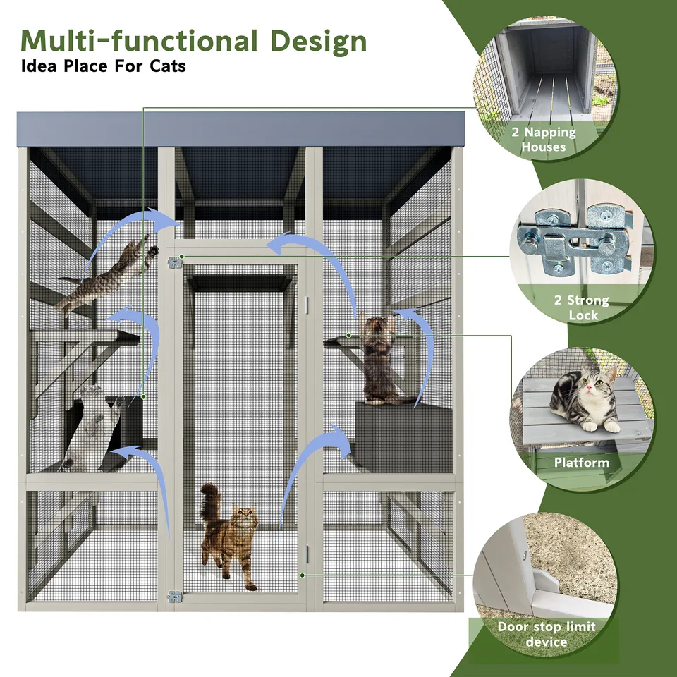 Gray Wooden Catio Pet Enclosure with Waterproof Top, Spacious and Secure Cat House & Small Animal Cage,2 Napping Boxes view 9