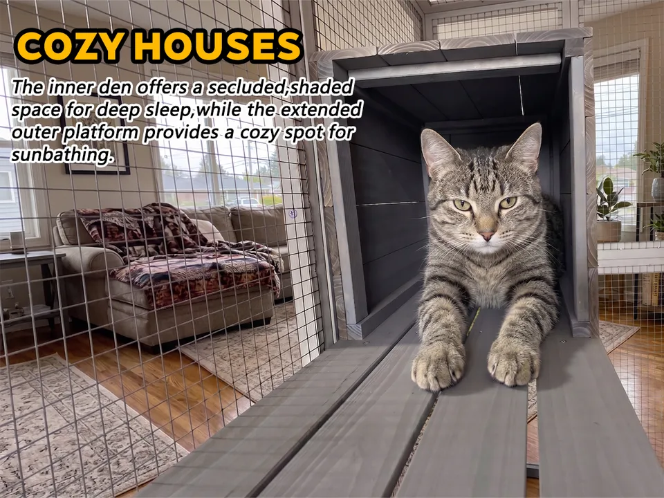 Gray Wooden Catio Pet Enclosure with Waterproof Top, Spacious and Secure Cat House & Small Animal Cage,2 Napping Boxes view 11