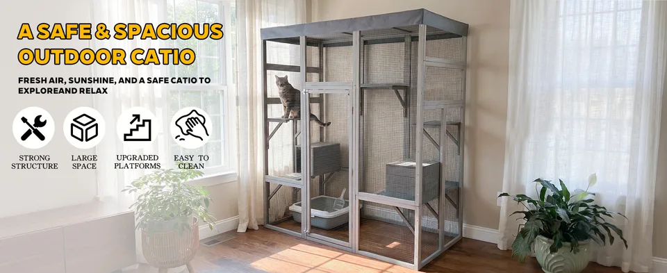 Gray Wooden Catio Pet Enclosure with Waterproof Top, Spacious and Secure Cat House & Small Animal Cage,2 Napping Boxes view 8