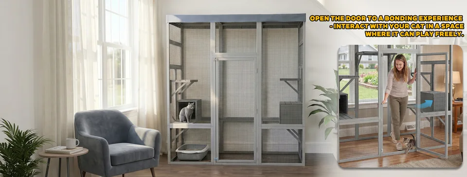 Gray Wooden Catio Pet Enclosure with Waterproof Top, Spacious and Secure Cat House & Small Animal Cage,2 Napping Boxes view 10