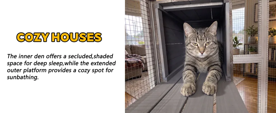 Gray Wooden Catio Pet Enclosure with Waterproof Top, Spacious and Secure Cat House & Small Animal Cage,2 Napping Boxes view 17