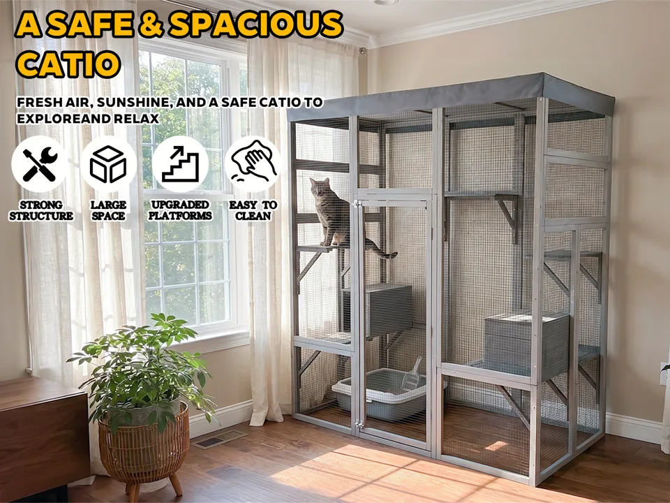 Gray Wooden Catio Pet Enclosure with Waterproof Top, Spacious and Secure Cat House & Small Animal Cage,2 Napping Boxes view 5