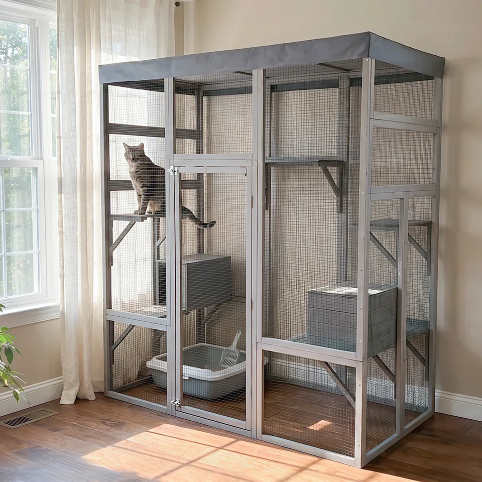 Gray Wooden Catio Pet Enclosure with Waterproof Top, Spacious and Secure Cat House & Small Animal Cage,2 Napping Boxes view 2
