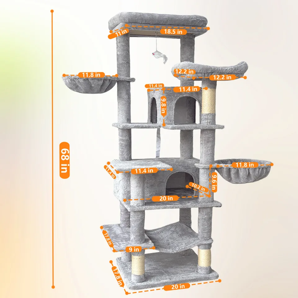 68in Tall Multi-Level Green Cat Tree with Hammocks, Hanging Basket, Cat Cave, Removeable Cushion, Scratching Posts - Plush Cat Tower for view 5
