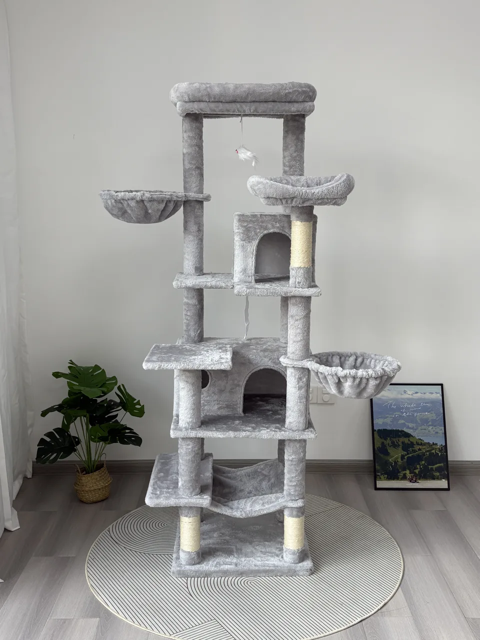 68in Tall Multi-Level Green Cat Tree with Hammocks, Hanging Basket, Cat Cave, Removeable Cushion, Scratching Posts - Plush Cat Tower for view 7