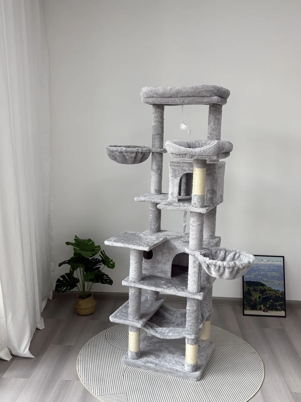 68in Tall Multi-Level Green Cat Tree with Hammocks, Hanging Basket, Cat Cave, Removeable Cushion, Scratching Posts - Plush Cat Tower for view 9