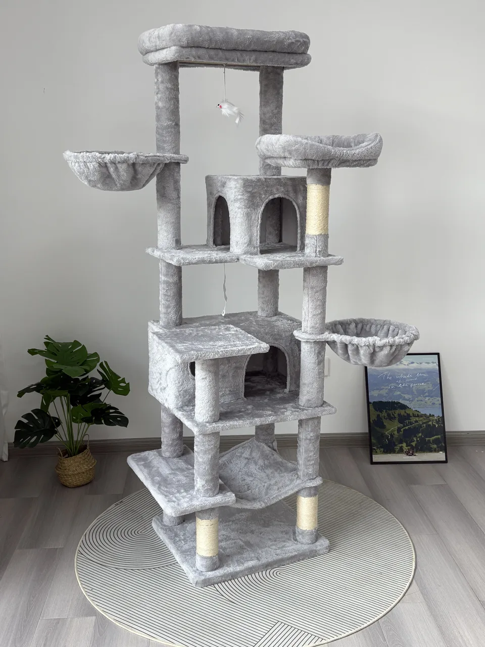 68in Tall Multi-Level Green Cat Tree with Hammocks, Hanging Basket, Cat Cave, Removeable Cushion, Scratching Posts - Plush Cat Tower for view 3