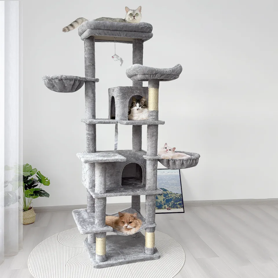68in Tall Multi-Level Green Cat Tree with Hammocks, Hanging Basket, Cat Cave, Removeable Cushion, Scratching Posts - Plush Cat Tower for view 1