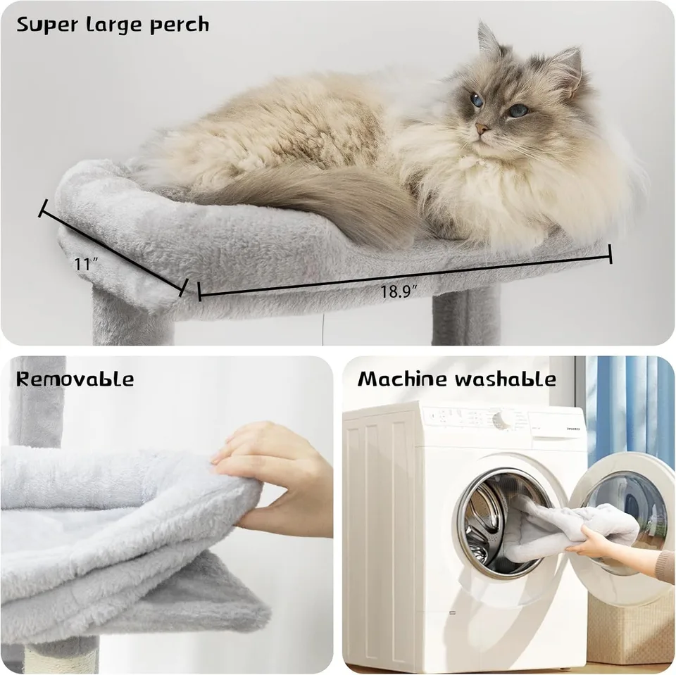 68in Tall Multi-Level Green Cat Tree with Hammocks, Hanging Basket, Cat Cave, Removeable Cushion, Scratching Posts - Plush Cat Tower for view 6
