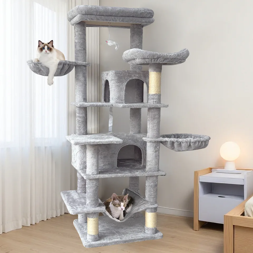 68in Tall Multi-Level Green Cat Tree with Hammocks, Hanging Basket, Cat Cave, Removeable Cushion, Scratching Posts - Plush Cat Tower for view 11