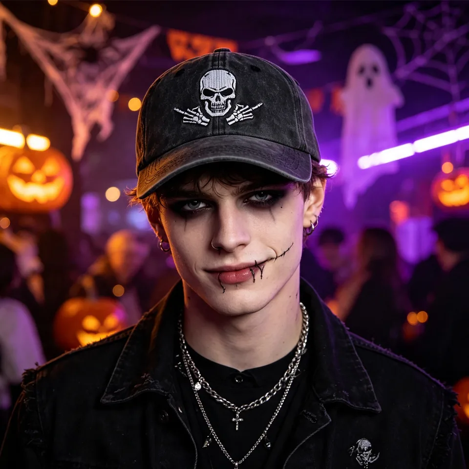 2pcs Washed Black Baseball Cap, Skeleton Middle Finger Embroidery Hat, Halloween Costume Party Accessory For Men Women view 2