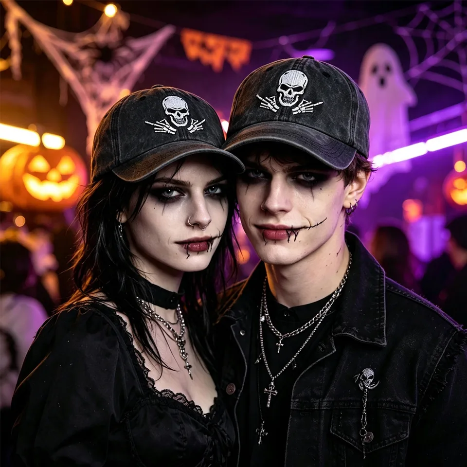 2pcs Washed Black Baseball Cap, Skeleton Middle Finger Embroidery Hat, Halloween Costume Party Accessory For Men Women view 1
