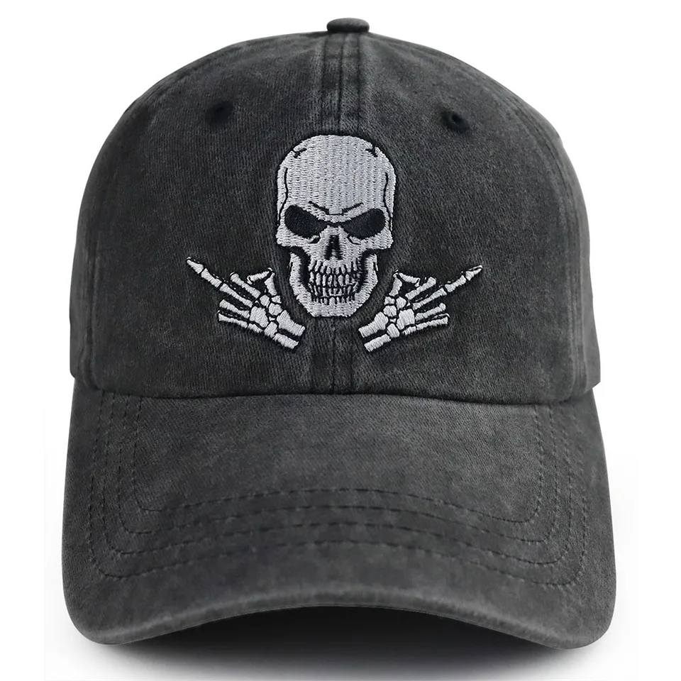 2pcs Washed Black Baseball Cap, Skeleton Middle Finger Embroidery Hat, Halloween Costume Party Accessory For Men Women view 6