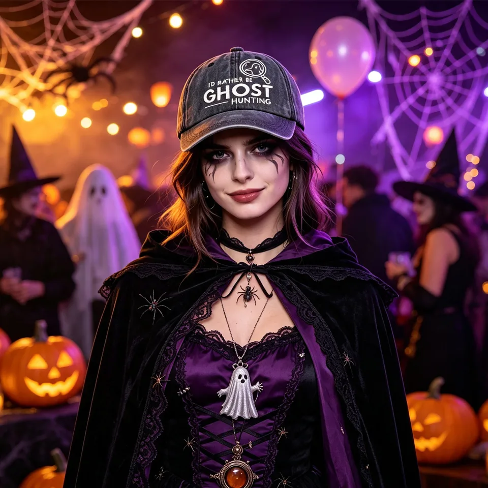 2pcs I'd Rather Be Ghost Hunting Embroidered Baseball Cap, Vintage Washed Distressed Hat, Halloween Ghost Hunter Costume Accessory view 1