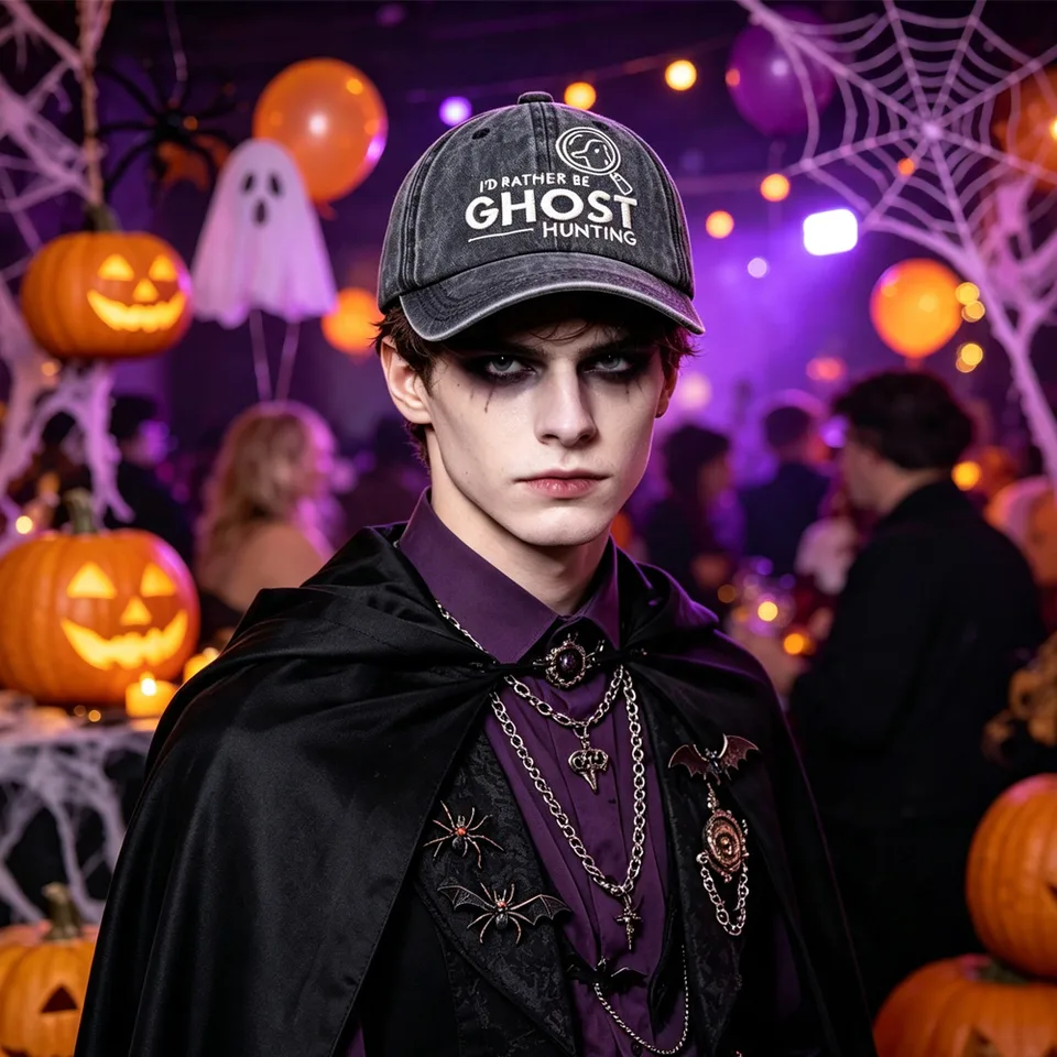 2pcs I'd Rather Be Ghost Hunting Embroidered Baseball Cap, Vintage Washed Distressed Hat, Halloween Ghost Hunter Costume Accessory view 6