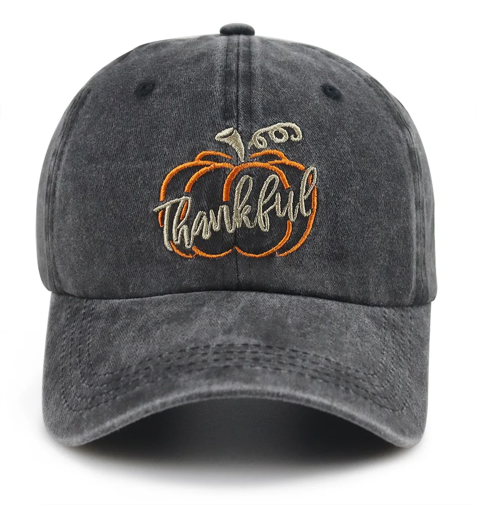 2pcs Thankful Pumpkin Embroidered Baseball Cap, Vintage Washed Black Hat, Halloween Costume Accessory view 6