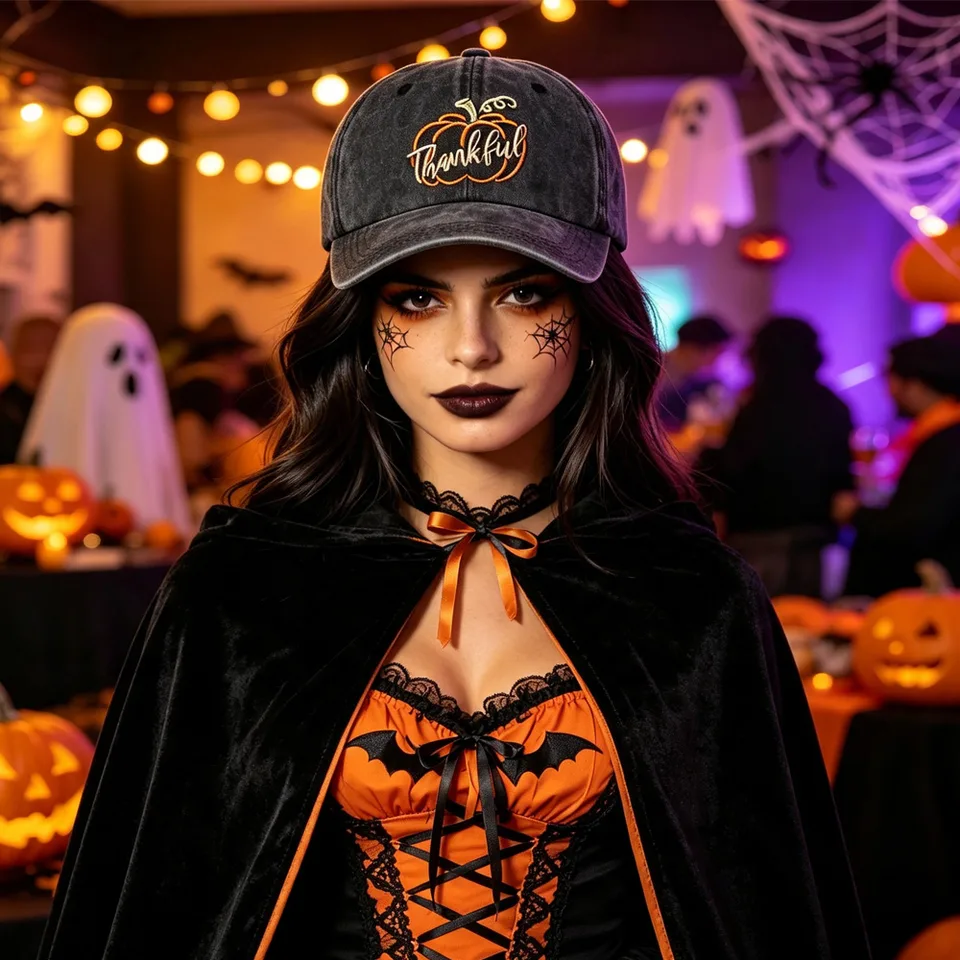 2pcs Thankful Pumpkin Embroidered Baseball Cap, Vintage Washed Black Hat, Halloween Costume Accessory view 1