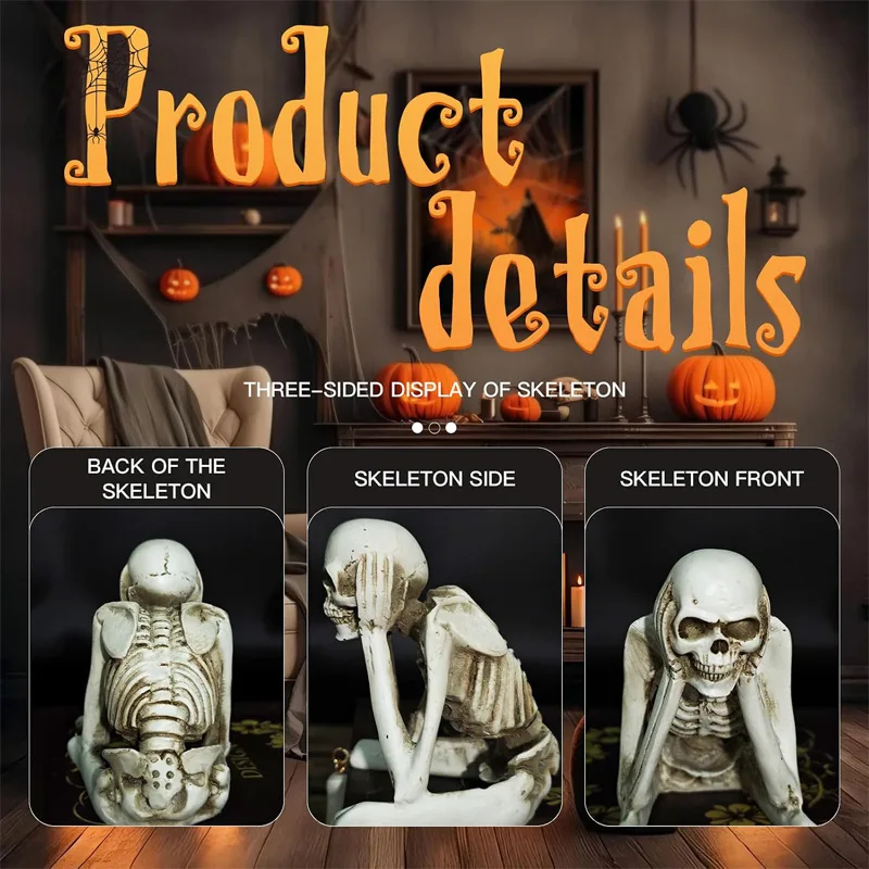 Halloween Skeleton Figurines Set Of 3, Resin See No Evil Hear No Evil Speak No Evil Skeleton Statues, Gothic Shelf Tabletop Mantel Indoor view 4