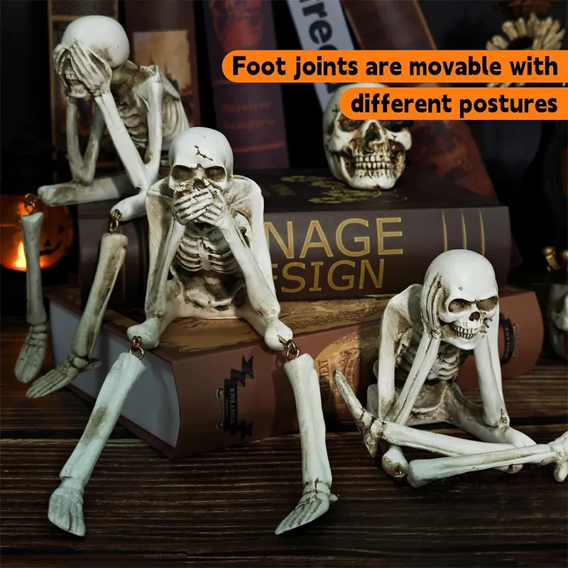Halloween Skeleton Figurines Set Of 3, Resin See No Evil Hear No Evil Speak No Evil Skeleton Statues, Gothic Shelf Tabletop Mantel Indoor view 7