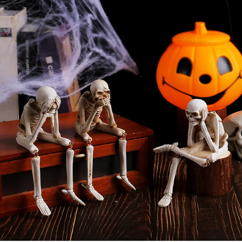 Halloween Skeleton Figurines Set Of 3, Resin See No Evil Hear No Evil Speak No Evil Skeleton Statues, Gothic Shelf Tabletop Mantel Indoor view 3