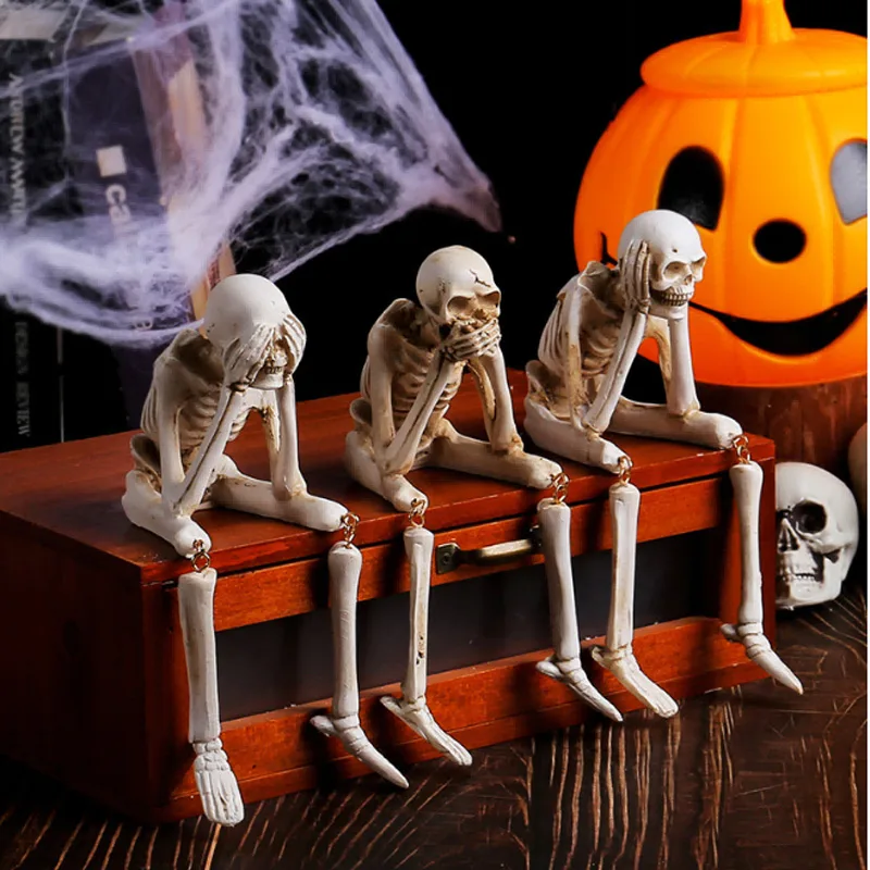 Halloween Skeleton Figurines Set Of 3, Resin See No Evil Hear No Evil Speak No Evil Skeleton Statues, Gothic Shelf Tabletop Mantel Indoor view 5