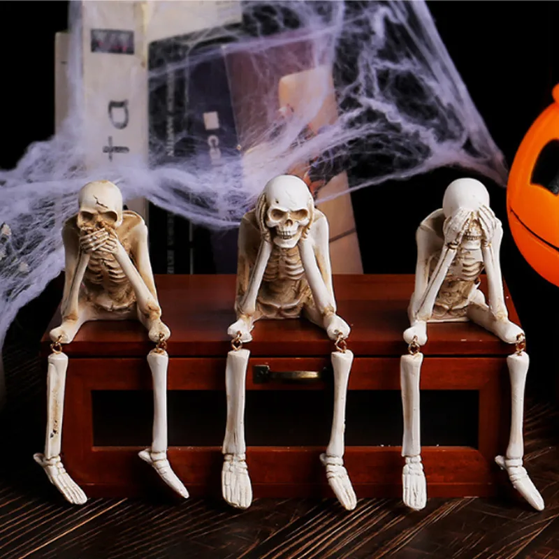 Halloween Skeleton Figurines Set Of 3, Resin See No Evil Hear No Evil Speak No Evil Skeleton Statues, Gothic Shelf Tabletop Mantel Indoor view 9