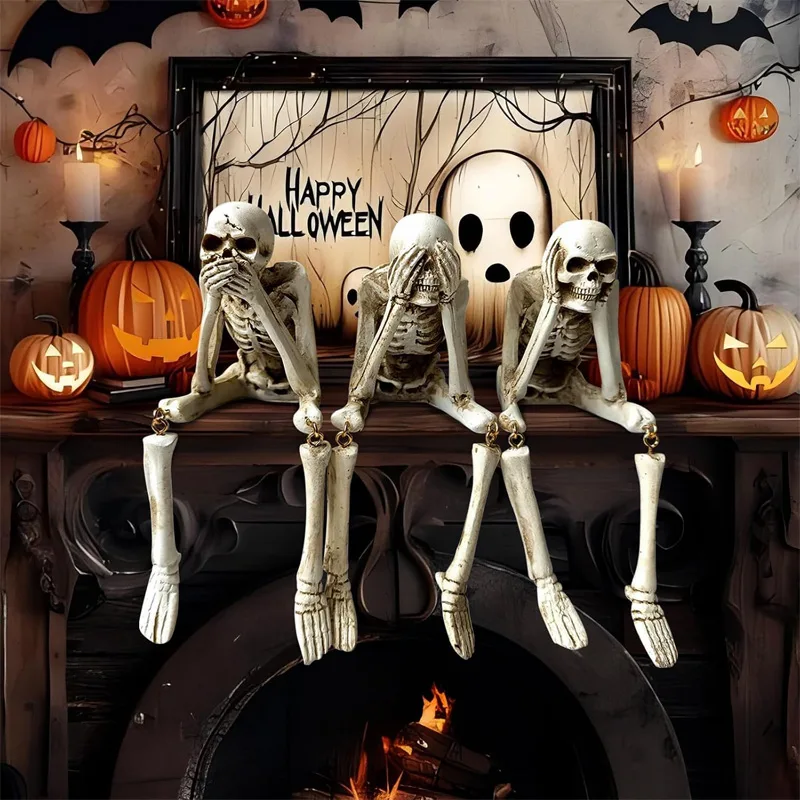 Halloween Skeleton Figurines Set Of 3, Resin See No Evil Hear No Evil Speak No Evil Skeleton Statues, Gothic Shelf Tabletop Mantel Indoor view 1