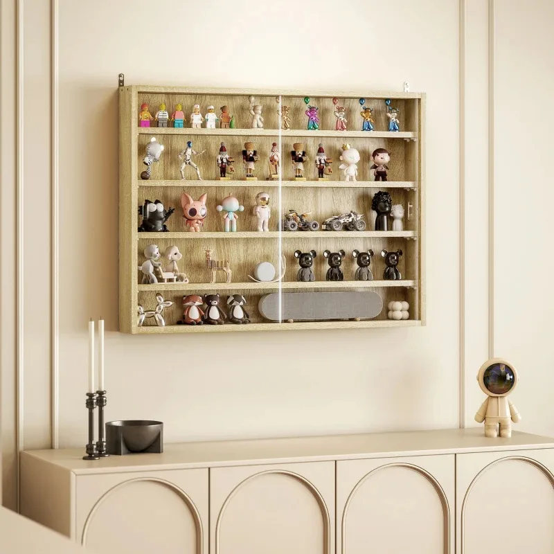5-Tier Display Cabinet, Wall-Mounted Display Case With 2 Glass Doors And Adjustable Shelves, Oak view 4