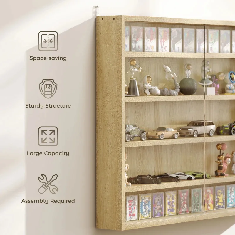 5-Tier Display Cabinet, Wall-Mounted Display Case With 2 Glass Doors And Adjustable Shelves, Oak view 7
