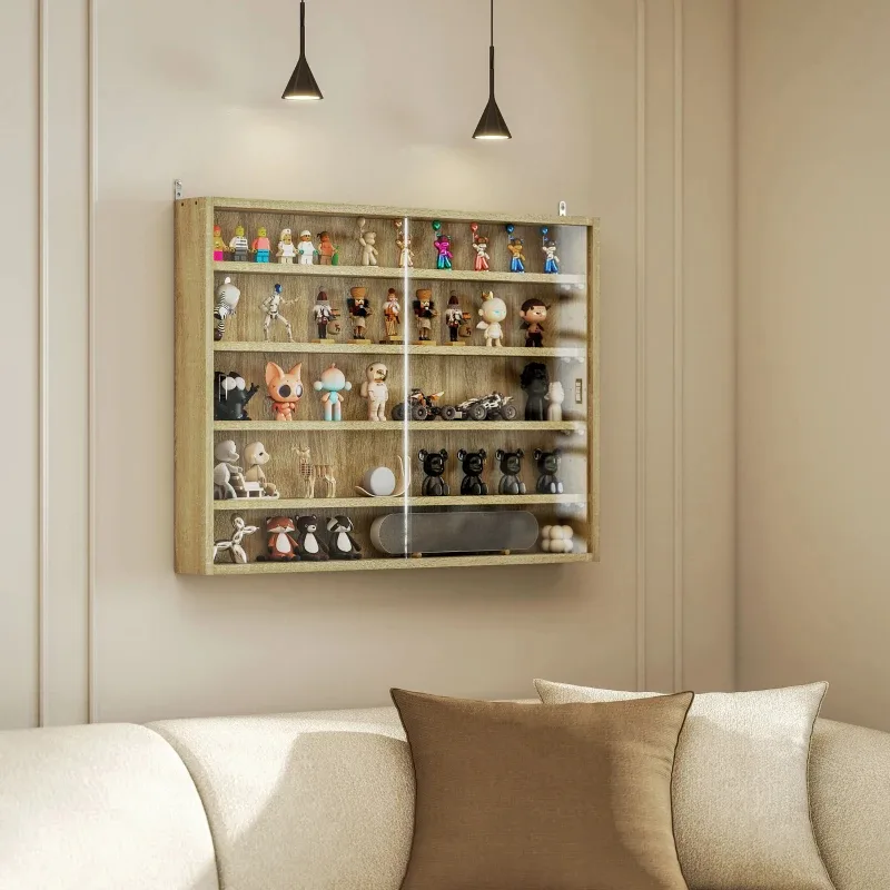 5-Tier Display Cabinet, Wall-Mounted Display Case With 2 Glass Doors And Adjustable Shelves, Oak view 8