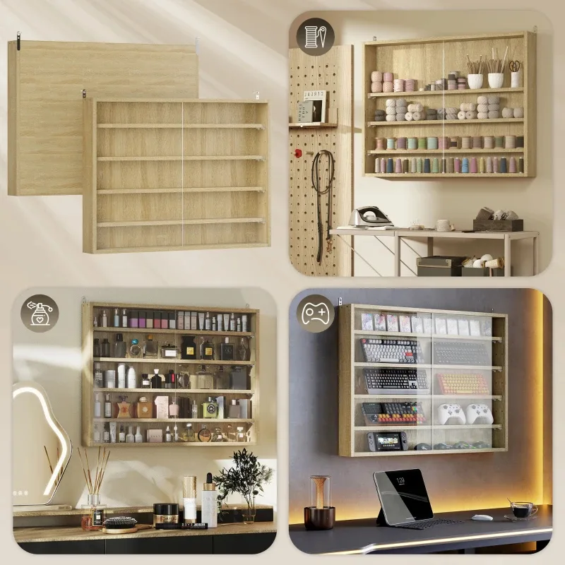 5-Tier Display Cabinet, Wall-Mounted Display Case With 2 Glass Doors And Adjustable Shelves, Oak view 5