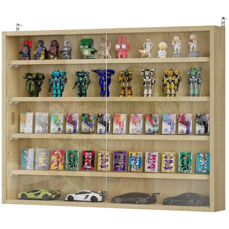 5-Tier Display Cabinet, Wall-Mounted Display Case With 2 Glass Doors And Adjustable Shelves, Oak view 3