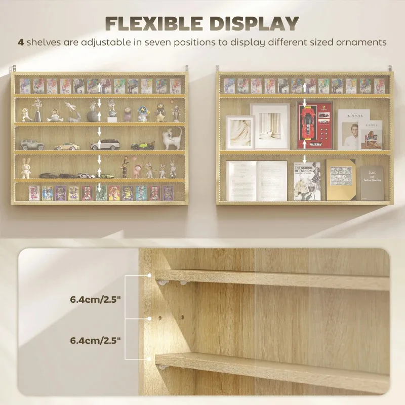 5-Tier Display Cabinet, Wall-Mounted Display Case With 2 Glass Doors And Adjustable Shelves, Oak view 9